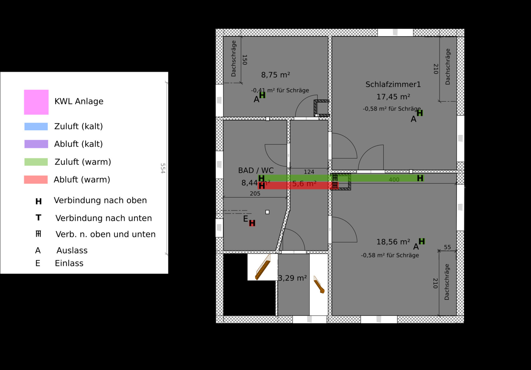 Detaillierter Grundrissplan eines Hauses mit KWL-Legende und Raumaufteilung
