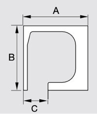 2D-Grundriss mit Aussenmass A, B und Innenradius C sowie runde Ecke