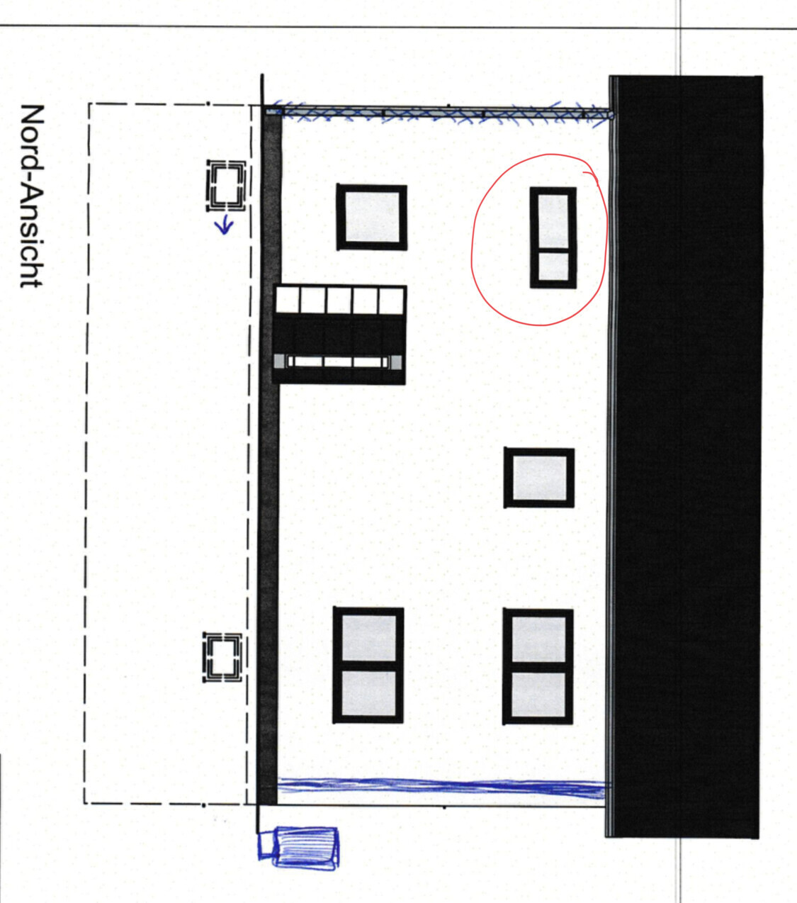 Nordansicht eines Raums: Bett links, Fenster unten, rechts ein vertikal zweigeteiltes Möbelstück.