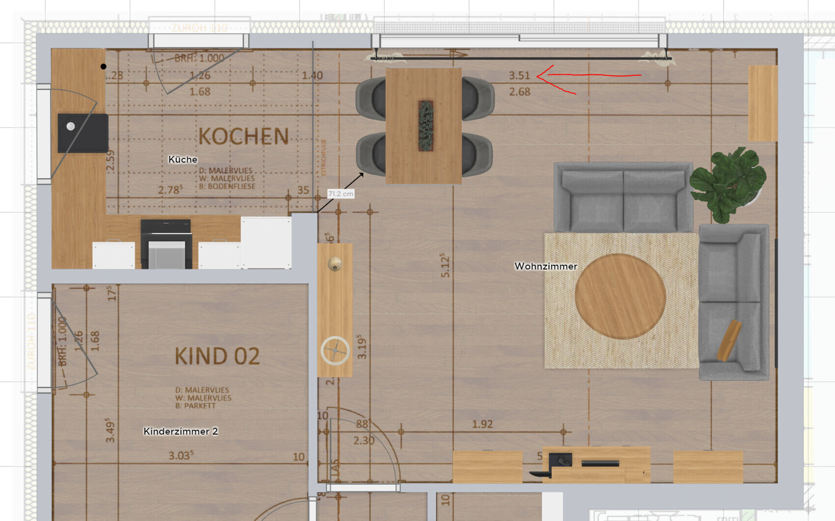 Top-Ansicht eines offenen Wohn- und Küchenbereichs mit Esstisch, Sofa, Pflanze und Kinderzimmer 02.