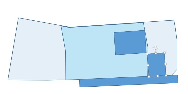 Abstrakte blaue Flächen; rechts ein ausgewähltes Rechteck mit Griffen.