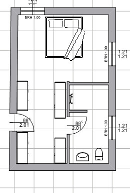 Kleiner 2D-Grundriss zeigt Schlafzimmer und Bad in einer Wohnung