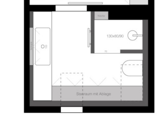 Grundriss eines kleinen Studios: Schlafbereich links, Nische rechts, Stauraum unten, Türöffnung.