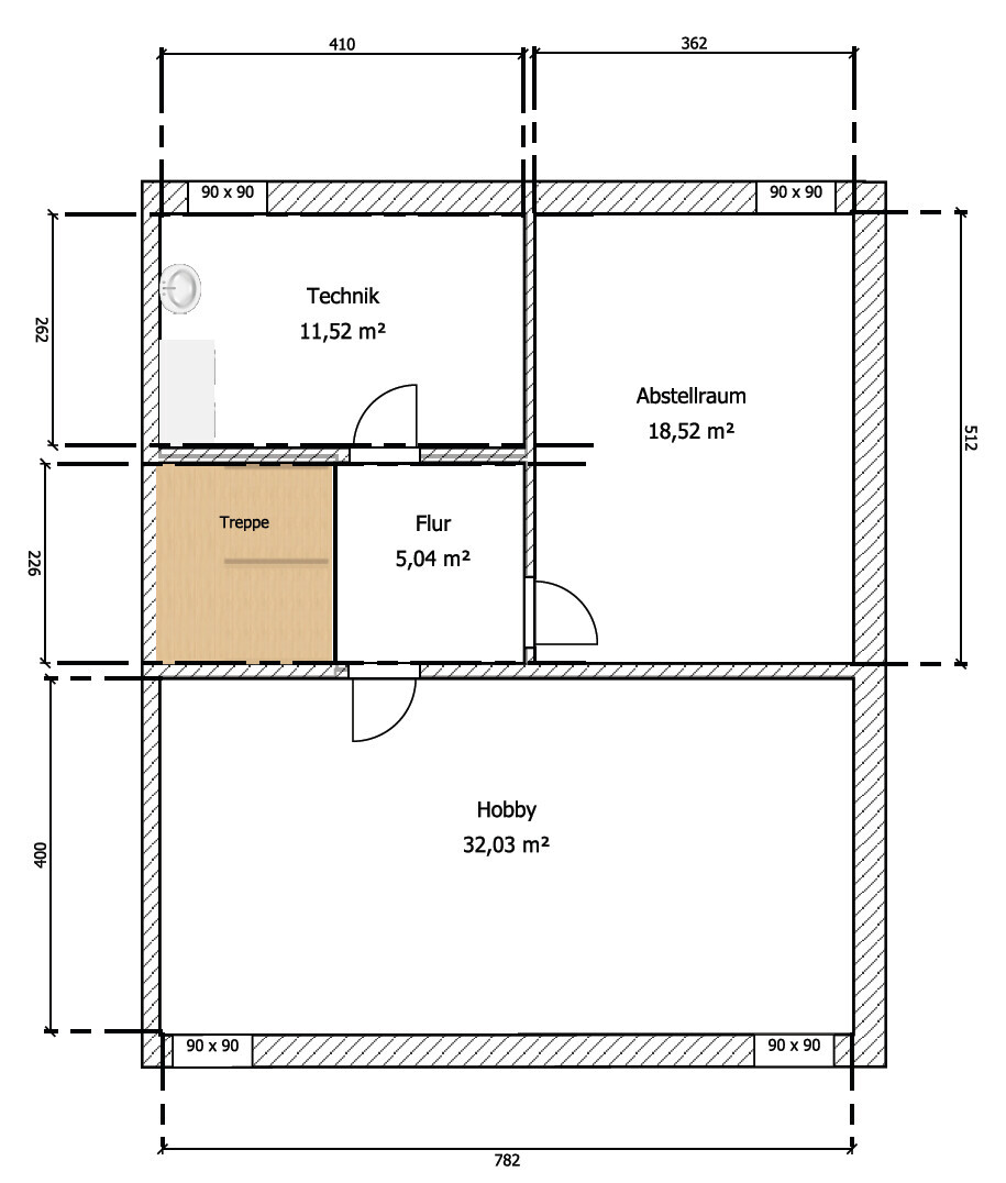 Grundriss: Technik 11,5 m², Abstellraum 18,5 m², Hobby 32,0 m², Flur 5,0 m², Treppe