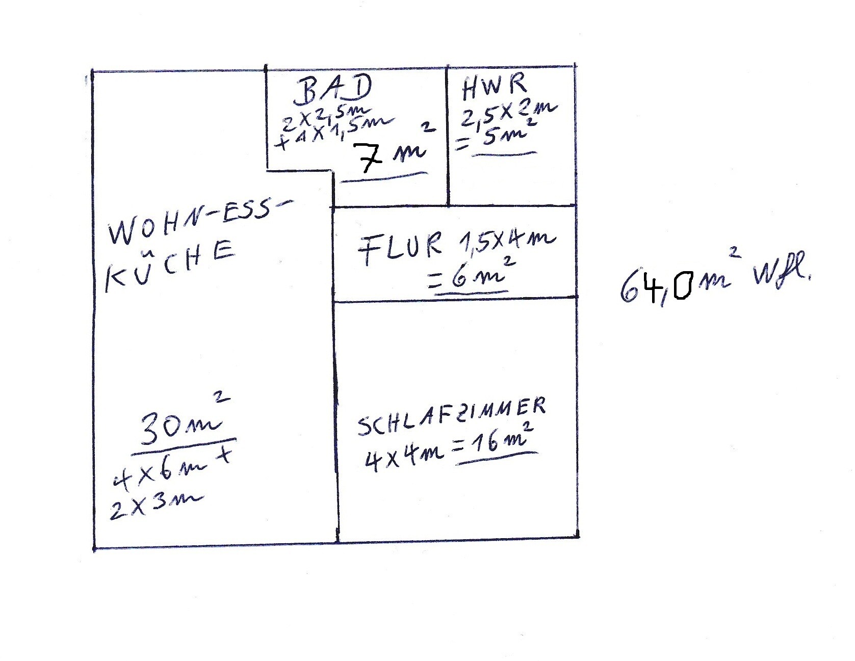Skizzenhafter Grundriss eines Hauses mit Wohn-Ess-Küche, Bad, Flur und Schlafzimmer