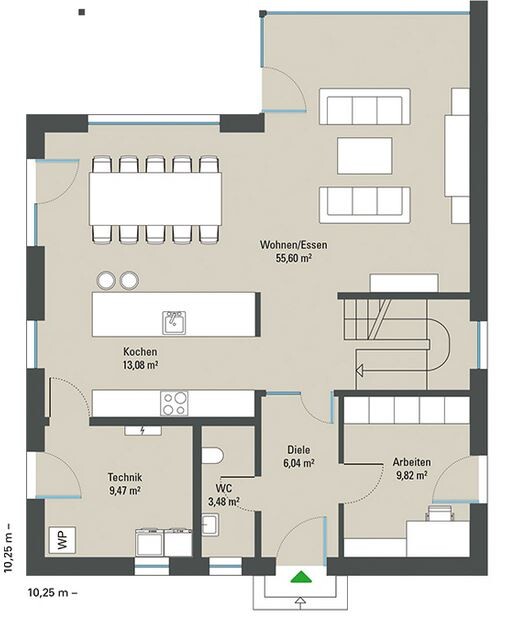 Grundriss eines Hauses: offenes Wohnen/Essen, Küche, Diele, Arbeitsraum, Technik, WC