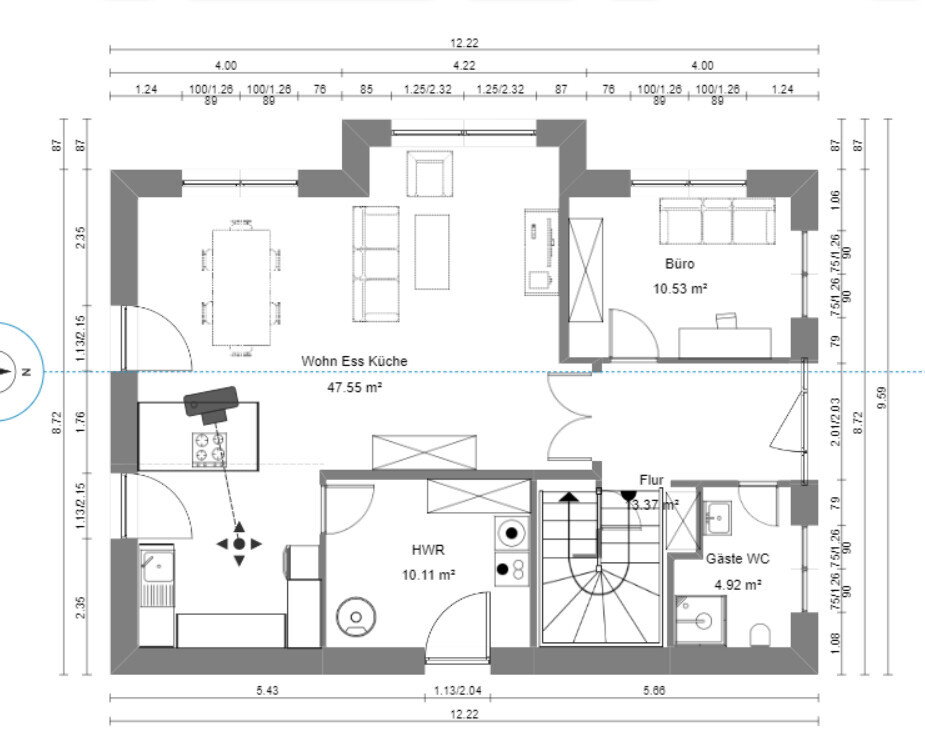 Grundriss: Offenes Wohn-Ess-Küche-Bereich mit Büro, HWR, Flur, Gäste-WC und Treppenhaus.