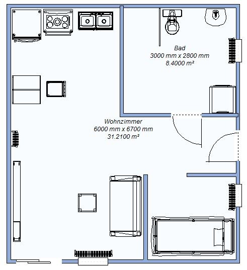 Grundriss einer Wohnung: Wohnzimmer, Küche und Bad mit Möbeln und Türen sichtbar.