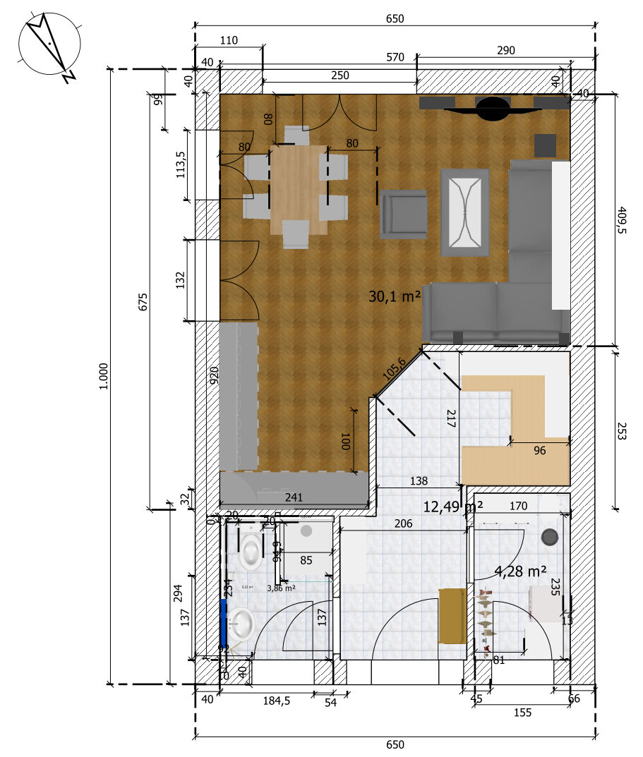 Grundriss einer Wohnung: Wohnzimmer mit Essbereich, Sofa, Küche, Bad, Flur und Türen, Maßangaben.