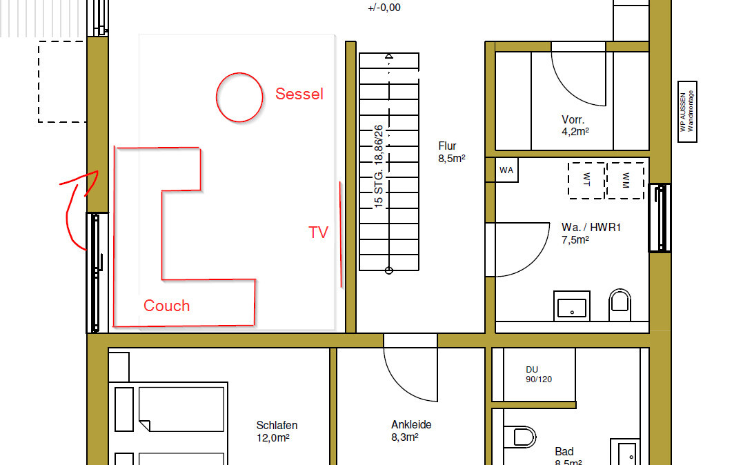 2D-Grundriss eines Hauses mit Wohnzimmer, Couch, Sessel, TV, Flur und Schlafzimmer