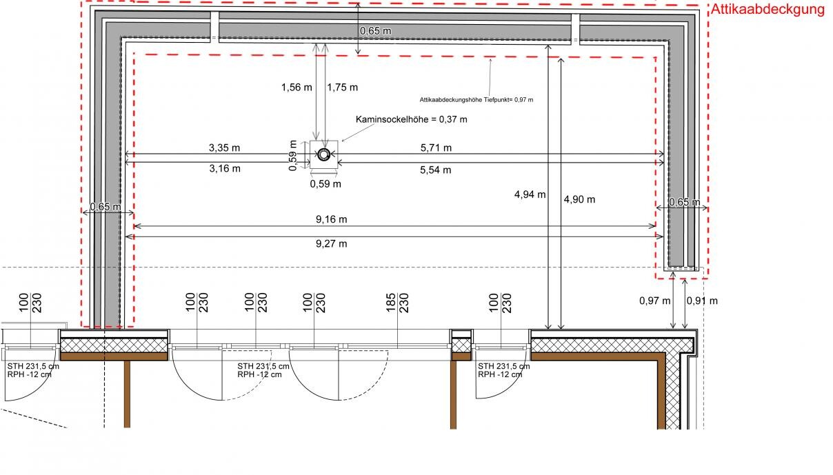 Technischer Grundriss eines Hauses mit Maßen, Wänden und Türen