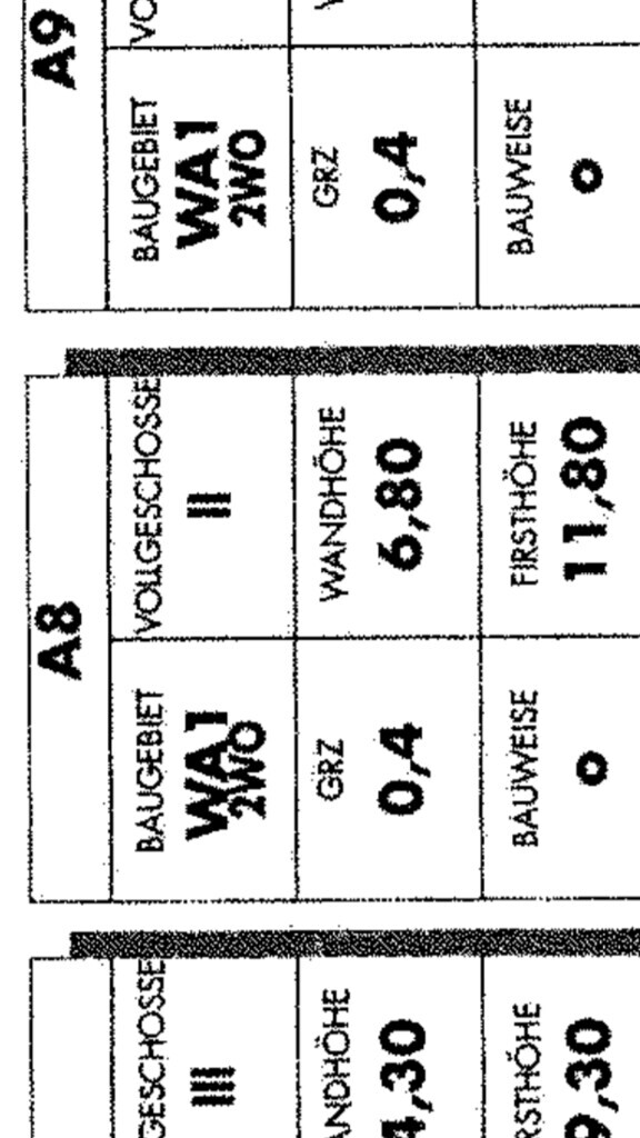 Schwarz-weißes Tabellenraster mit Feldern, Beschriftung A8, und Zahlen wie 0,4 und 6,80.