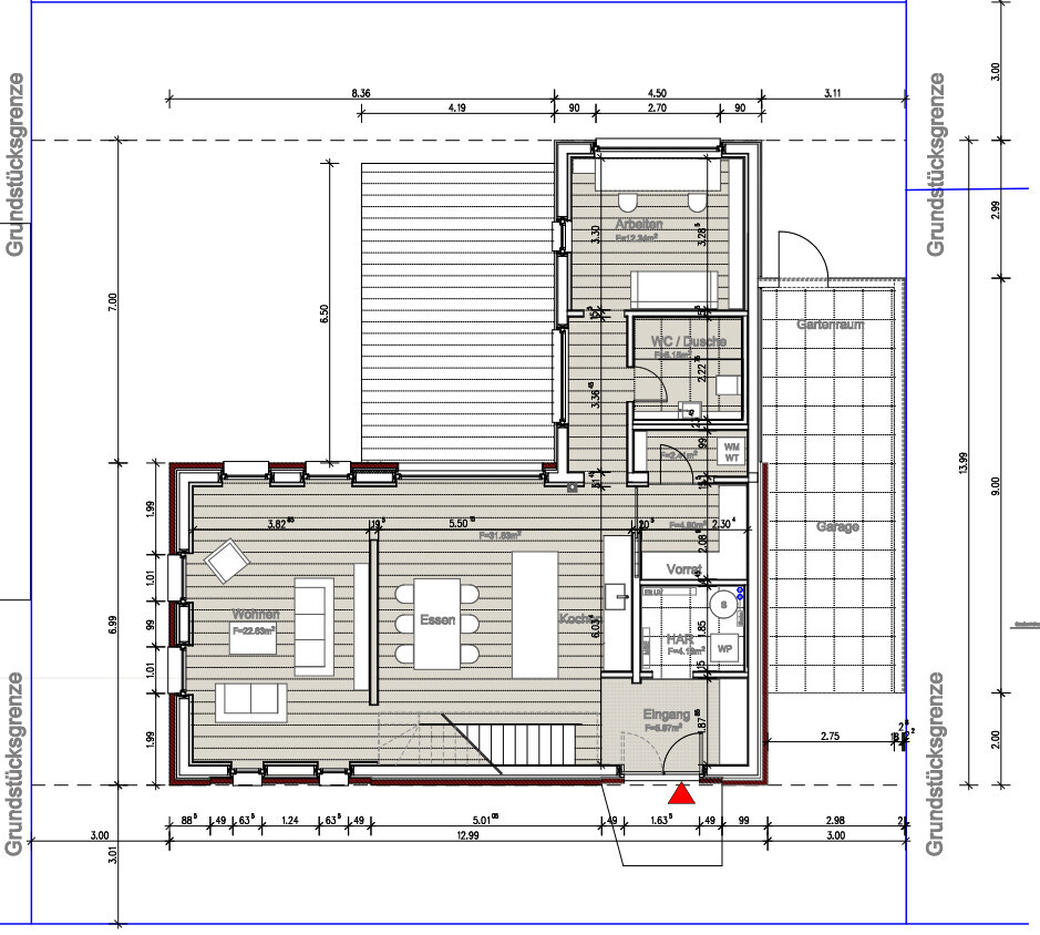 Grundriss eines Einfamilienhauses: Wohnzimmer, Essen, Küche, Arbeitszimmer, Bad, Garage.