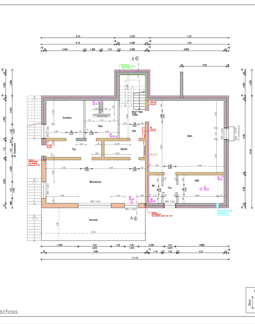 Grundriss eines Hauses: Schlafzimmer, Bad, Flur, Wohnküche, Abstellraum, Terrasse.