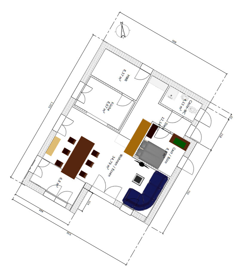 Grundriss eines Apartments mit Wohnzimmer, Essbereich, Küche, zwei Schlafzimmern und Bad.
