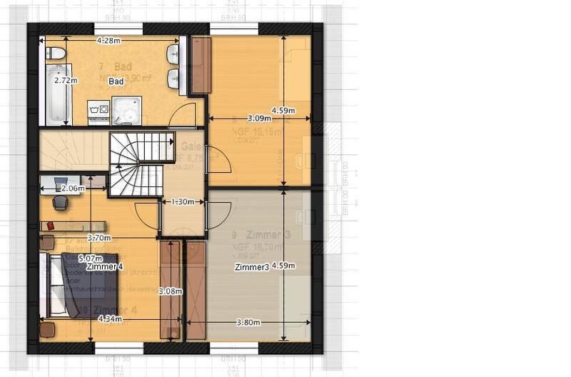 Grundriss eines Obergeschosses mit Bad, Treppenhaus und Zimmer 3/4.