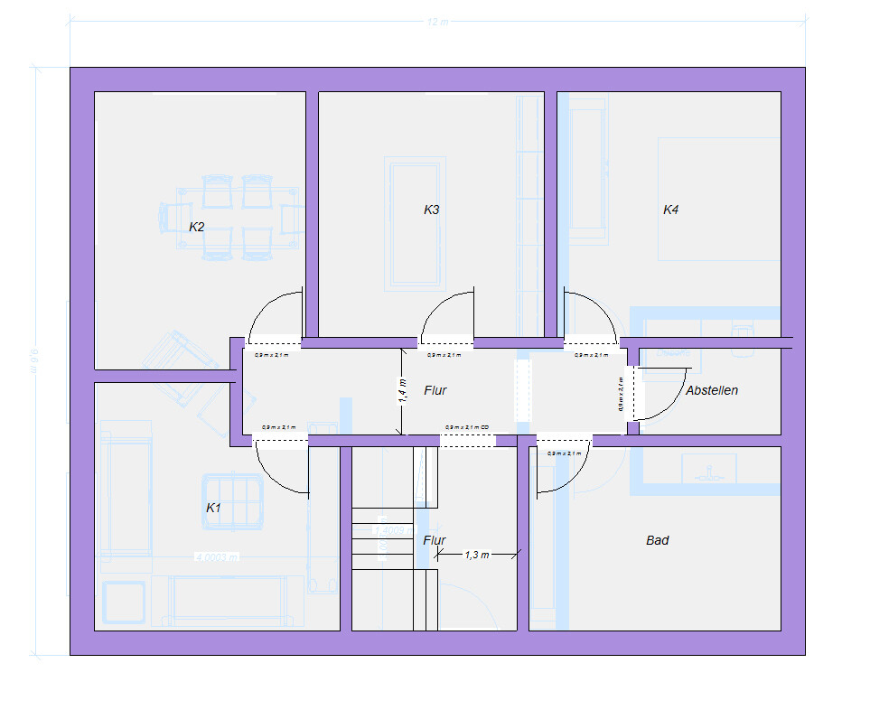 Grundriss eines Wohnungsplans mit vier Zimmern K1–K4, Flur, Bad, Abstellen, Treppenhaus