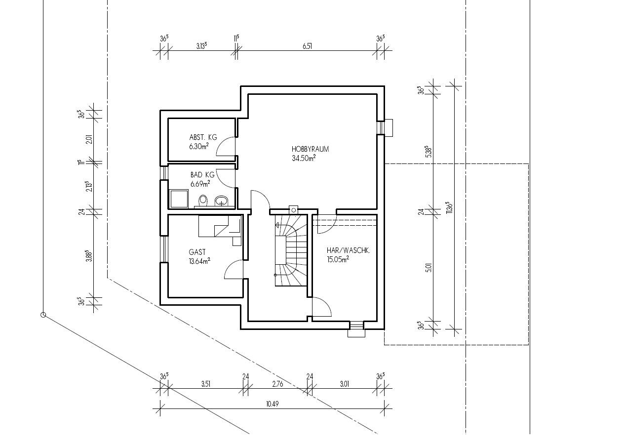 2D-Grundriss eines Hauses mit Hobbyraum, Gästebereich und Bad