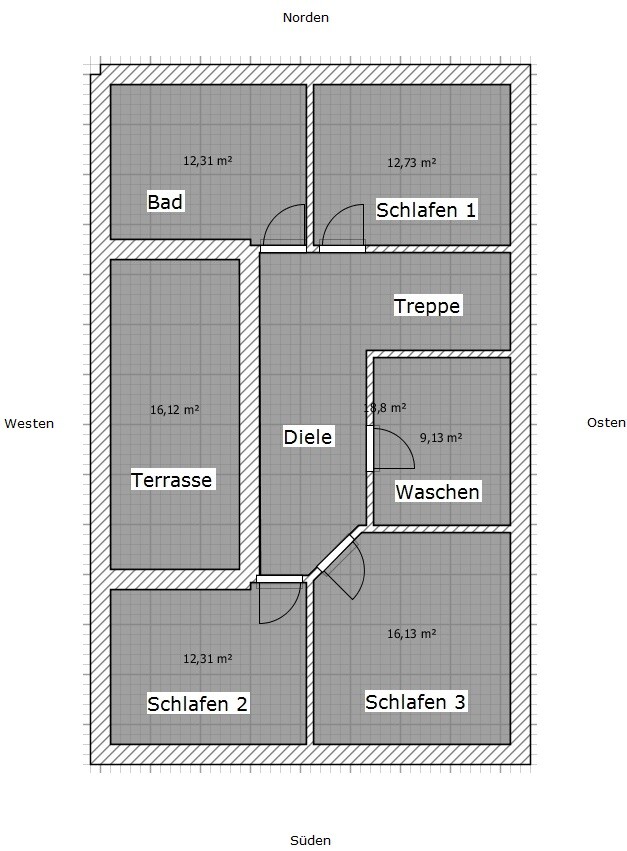 Grundriss eines Hauses mit Bad, Schlafen 1-3, Terrasse, Diele, Treppe, Waschen.