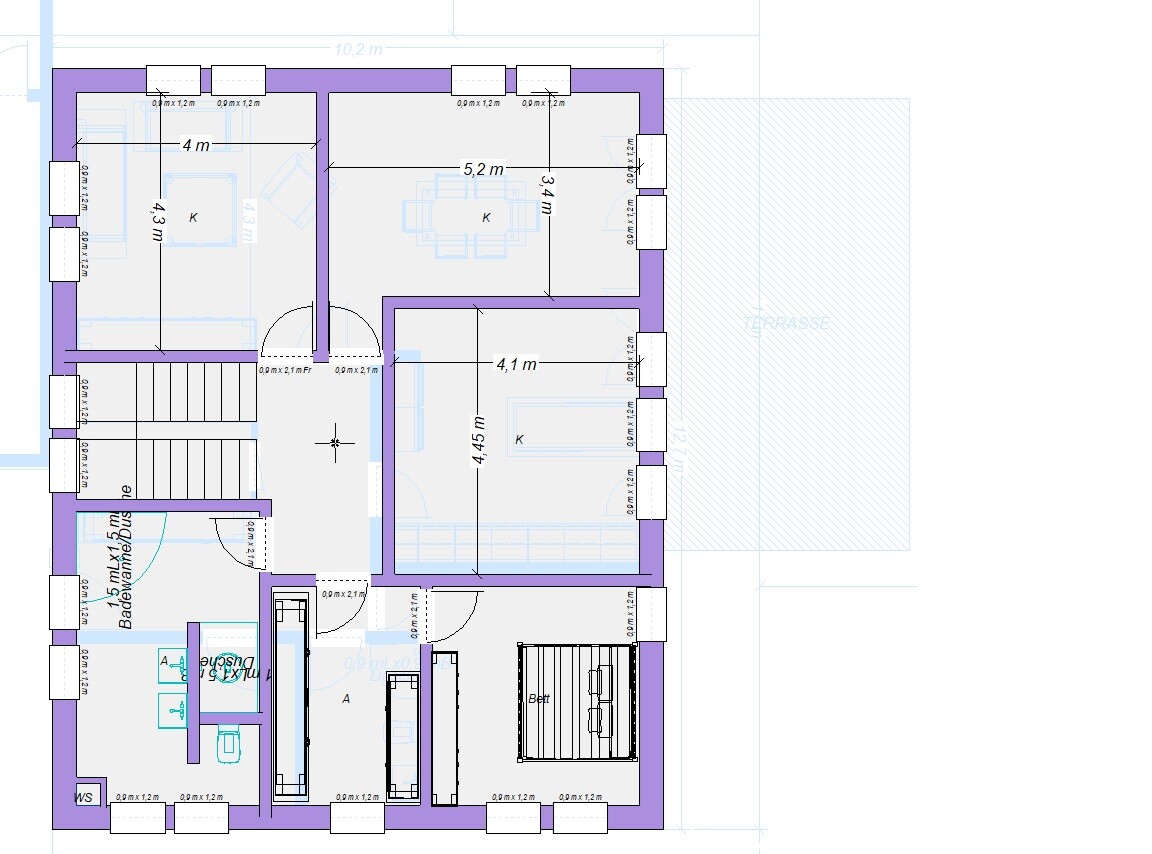 Grundriss eines Hauslayouts mit Küche, Wohnzimmer, Schlafzimmer, Bad und Terrasse.