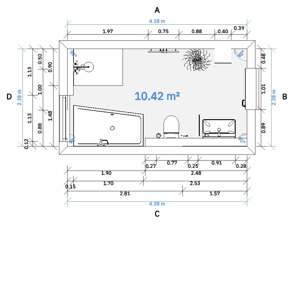 Grundriss eines rechteckigen Zimmers: Bett rechts, Badbereich links, Pflanze, 10,42 m².