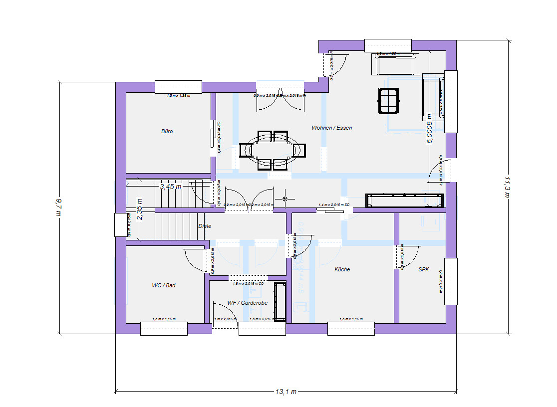 Grundriss eines Hauses mit Büro, Wohnen/Essen, Küche, Diele, WC/Bad und Garderobe.