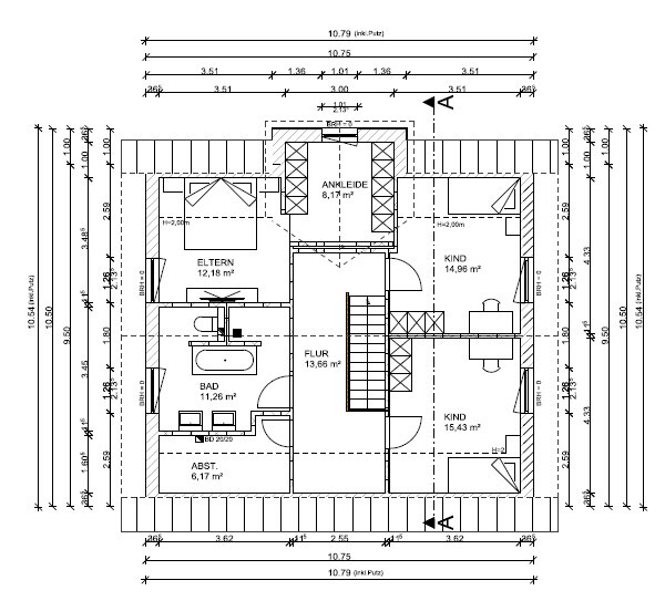 Grundriss des Obergeschosses: Flur mit Treppe, Eltern-, Kinderzimmer, Ankleide, Bad, Abstellraum.