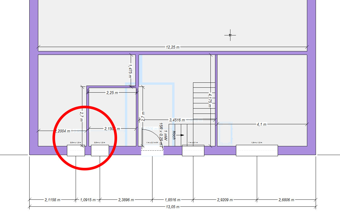 Grundriss eines Bauplans mit Maßangaben; roter Kreis markiert linken Innenbereich.