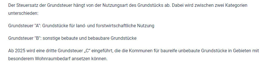 Infotext über Grundsteuerkategorien A, B und die neue Kategorie C ab 2025.