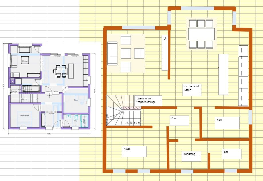Zwei Grundrisse eines Hauses: Küche, Wohnzimmer, Büro, Bad, Flur, HWR, Treppenbereich.