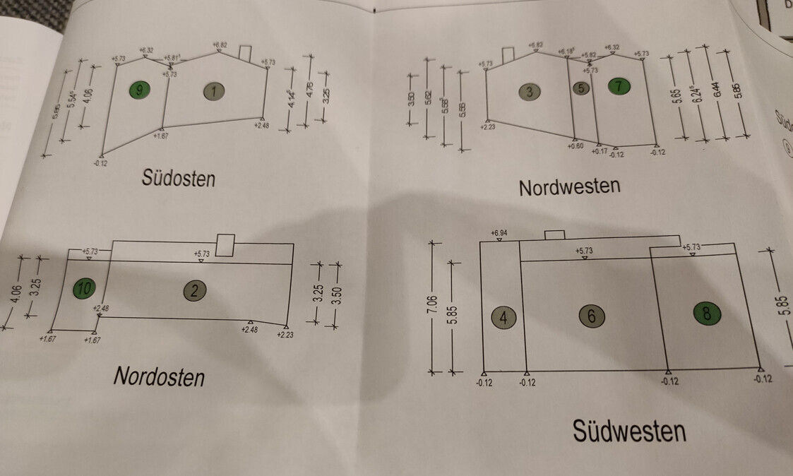 Vier Grundriss-Skizzen mit Maßlinien; Kreise Nr. 1–10 in Grün/Grau.