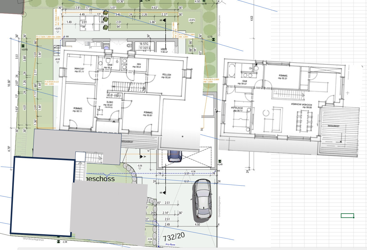 Überlappender Grundriss- und Grundstücksplan eines Hauses mit Garage und Garten.