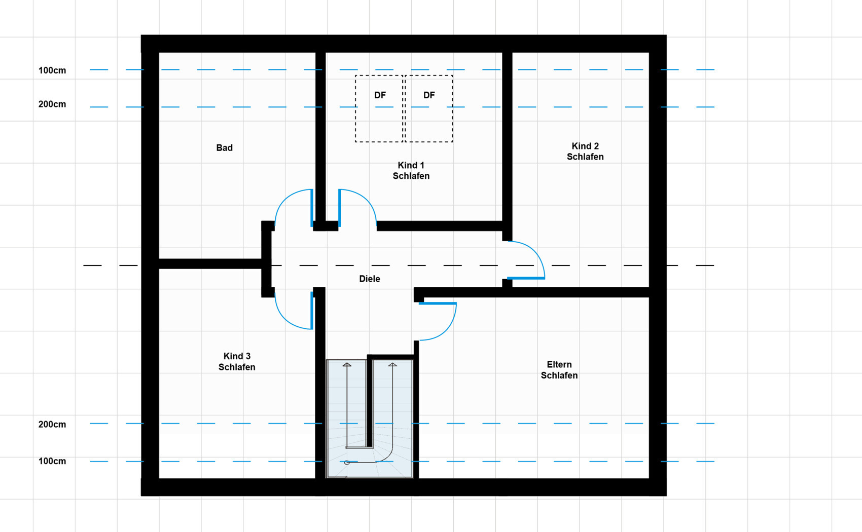 Grundriss eines Hauses mit Bad, Diele, Eltern- und drei Kinderzimmern, Treppenhaus.