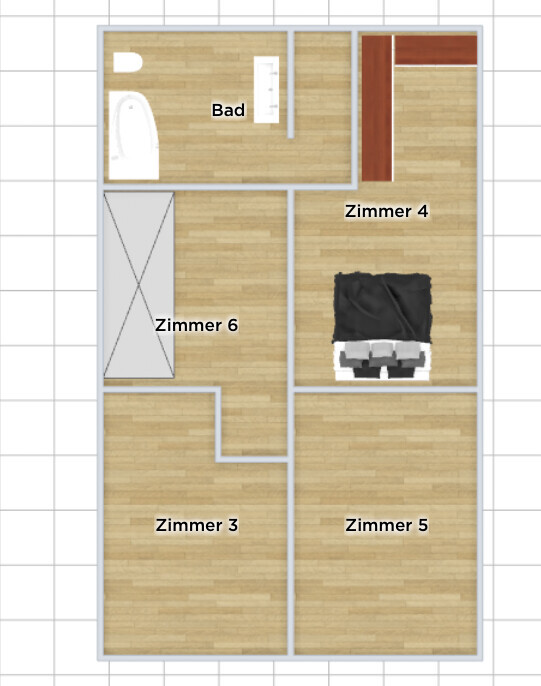 Grundriss eines Apartments mit Bad links, Zimmer 3/6 links und Zimmer 4/5 rechts, Bett in Zimmer 4.