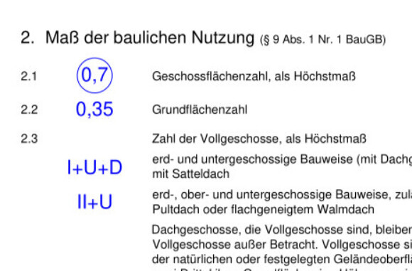 Bauliche Nutzung: Werte 0,7 und 0,35; I+U+D, II+U im Tabellenbild.
