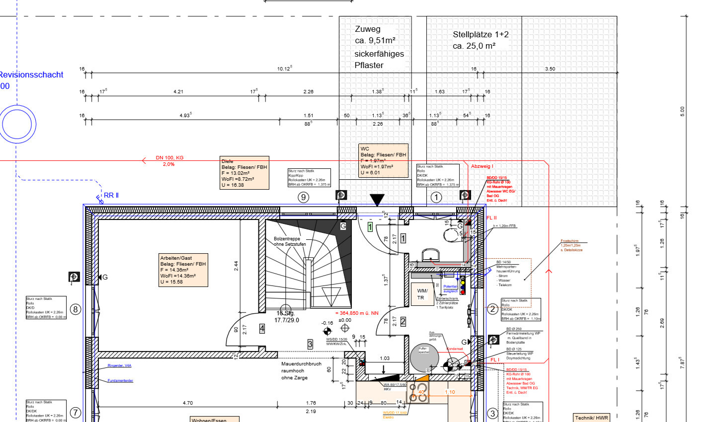 Grundriss eines Gebäudes mit Treppenhaus, Räumen, Türen und Maßlinien.