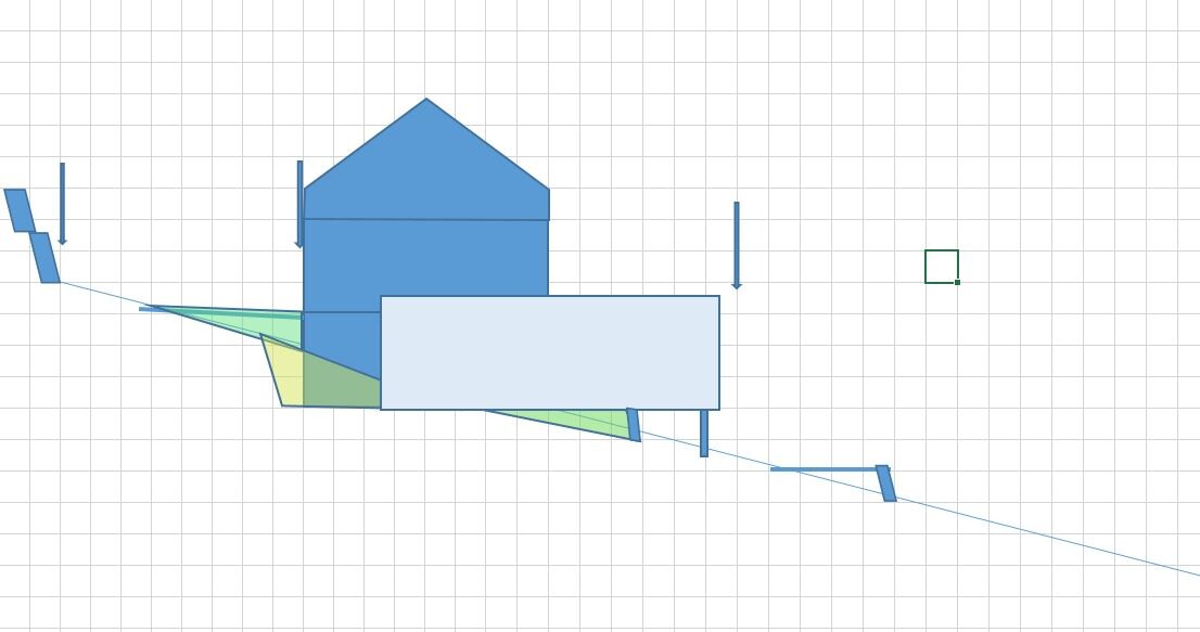 Blaues technisches Diagramm eines Gebäudes: Dachhaus auf Rechteck, grüne Dreiecke, Gitternetz.