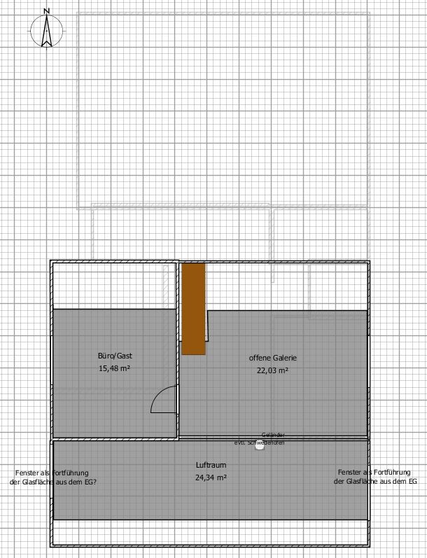 Grundriss eines Gebäuderaums: Büro/Gast, offene Galerie und Luftraum mit zentraler brauner Säule.