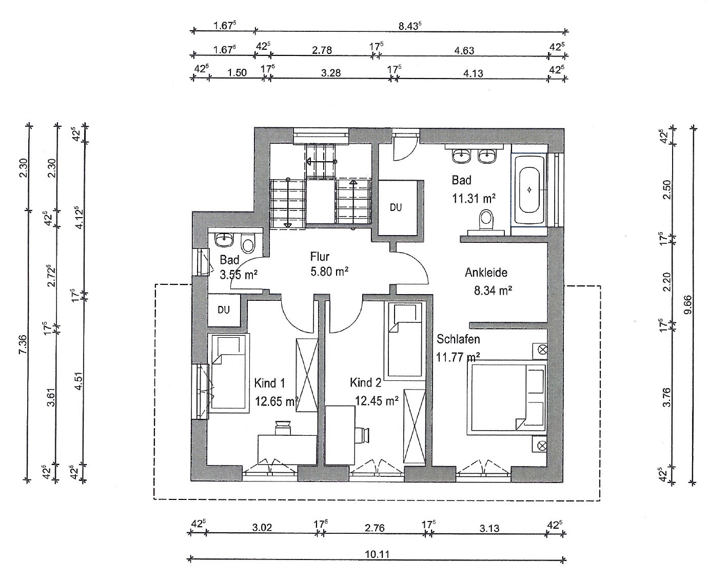 Grundriss eines Hauses: Obergeschoss mit Flur, Schlafen, zwei Kinderzimmer, Ankleide, Bad, Dusche.