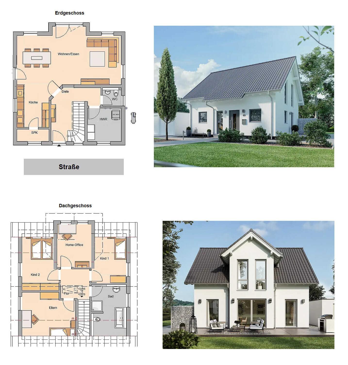 Collage: Grundriss Erdgeschoss und Dachgeschoss links; zwei moderne Häuser rechts.