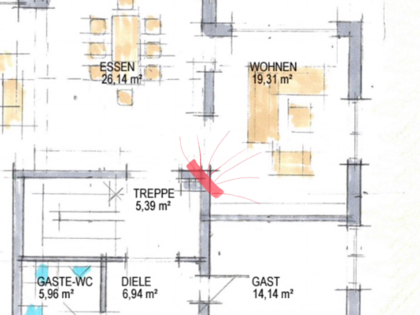Grundrissplan zeigt Essbereich, Wohnzimmer und Treppe im 2D-Grundriss