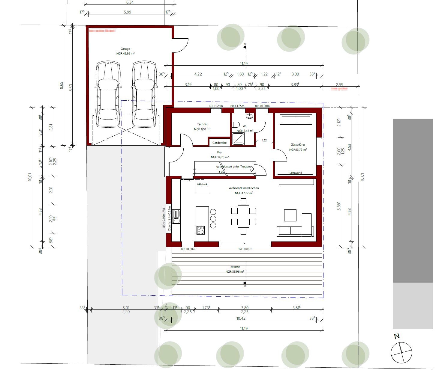 Grundriss eines Hauses mit Garage für zwei Autos, Technik, Garderobe, WC, Wohnen und Terrasse.