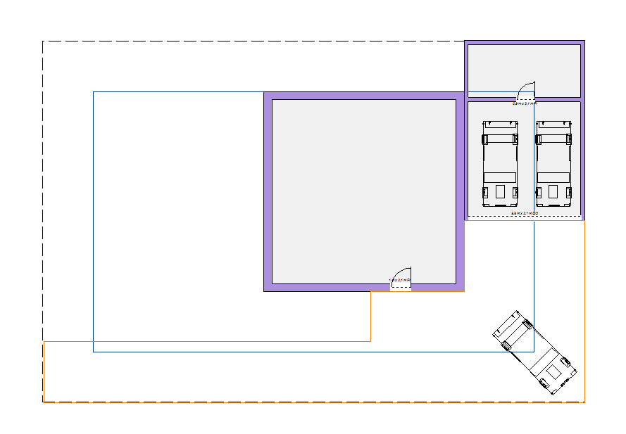 Grundriss eines Hauses mit großem Innenraum, Garage mit zwei Stellplätzen und Zufahrt mit Auto.