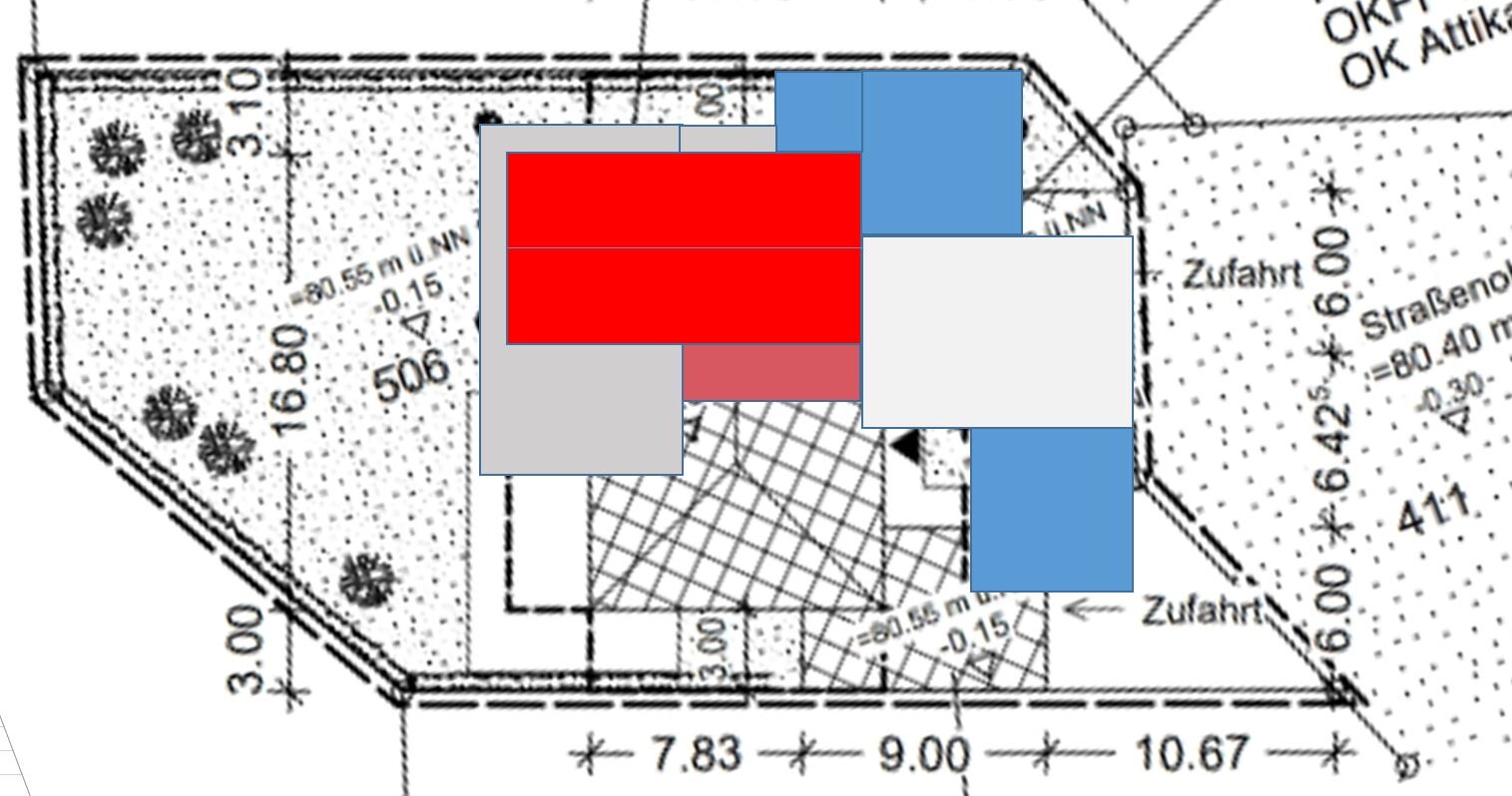 Schematischer Lageplan eines Grundstücks mit roten, blauen und grauen Rechteck-Blockmarkierungen