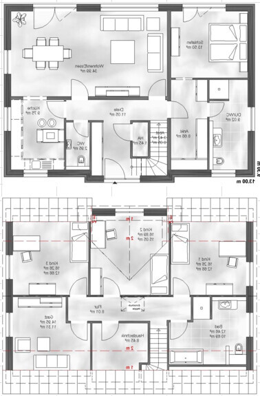 Grundriss eines zweistöckigen Hauses: Küche, Essbereich, Wohnzimmer, Schlafzimmer, Bad, Flure.