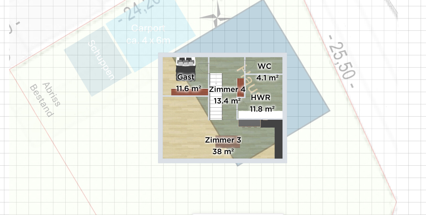 Grundriss des Obergeschosses mit Zimmer 3, Zimmer 4, Gast, WC und HWR.