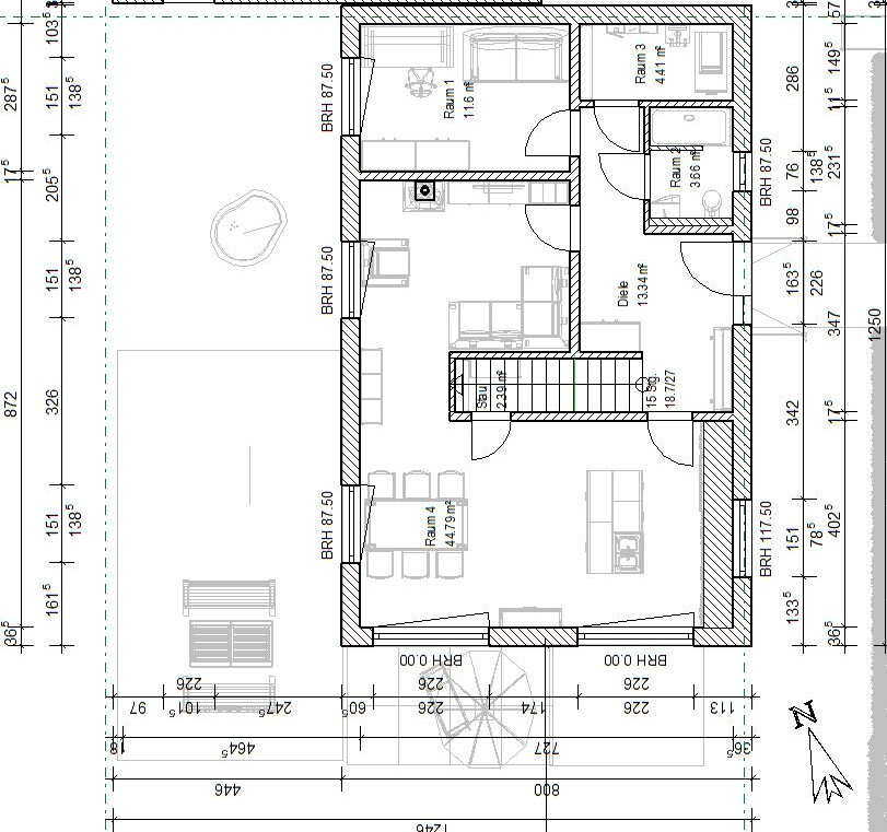 Grundriss eines Hauses: Wohnzimmer, Küche, Diele, Schlafzimmer und Treppe.