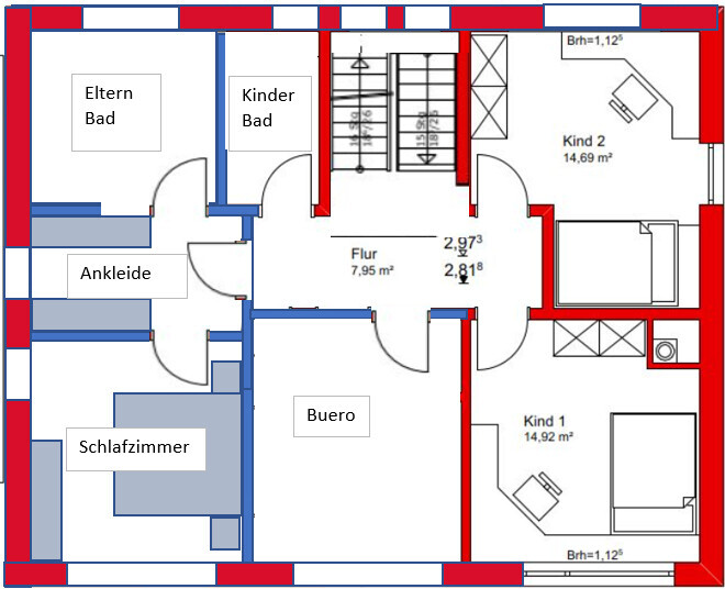 Grundriss eines Hauses: Schlafzimmer, Ankleide, Elternbad, Kinderbad, Buero, Flur, Kind 1, Kind 2.