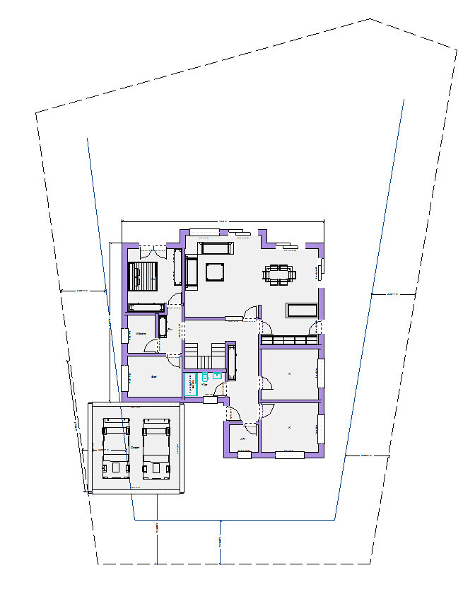 Grundriss eines Einfamilienhauses mit Garage für zwei Autos, Wohnzimmer, Küche und Schlafzimmern.