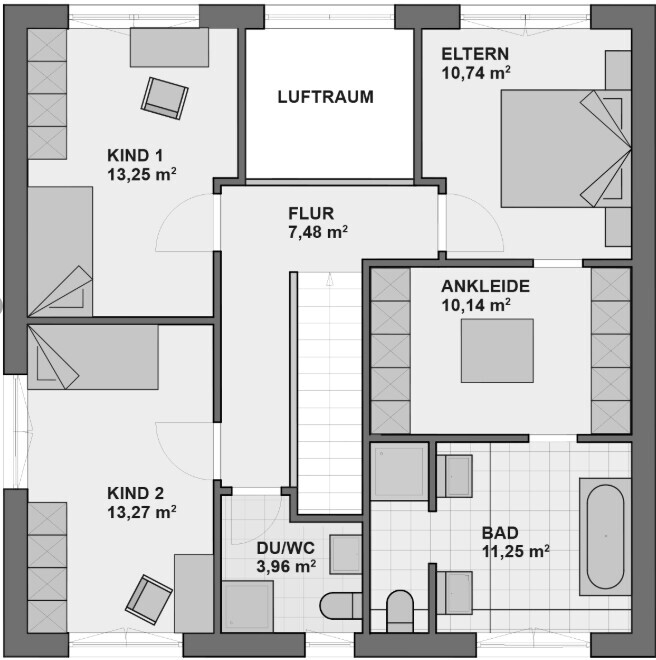 Grundrissplan eines Hauses mit Elternzimmer, Kinderzimmern, Flur, Bad und Ankleide